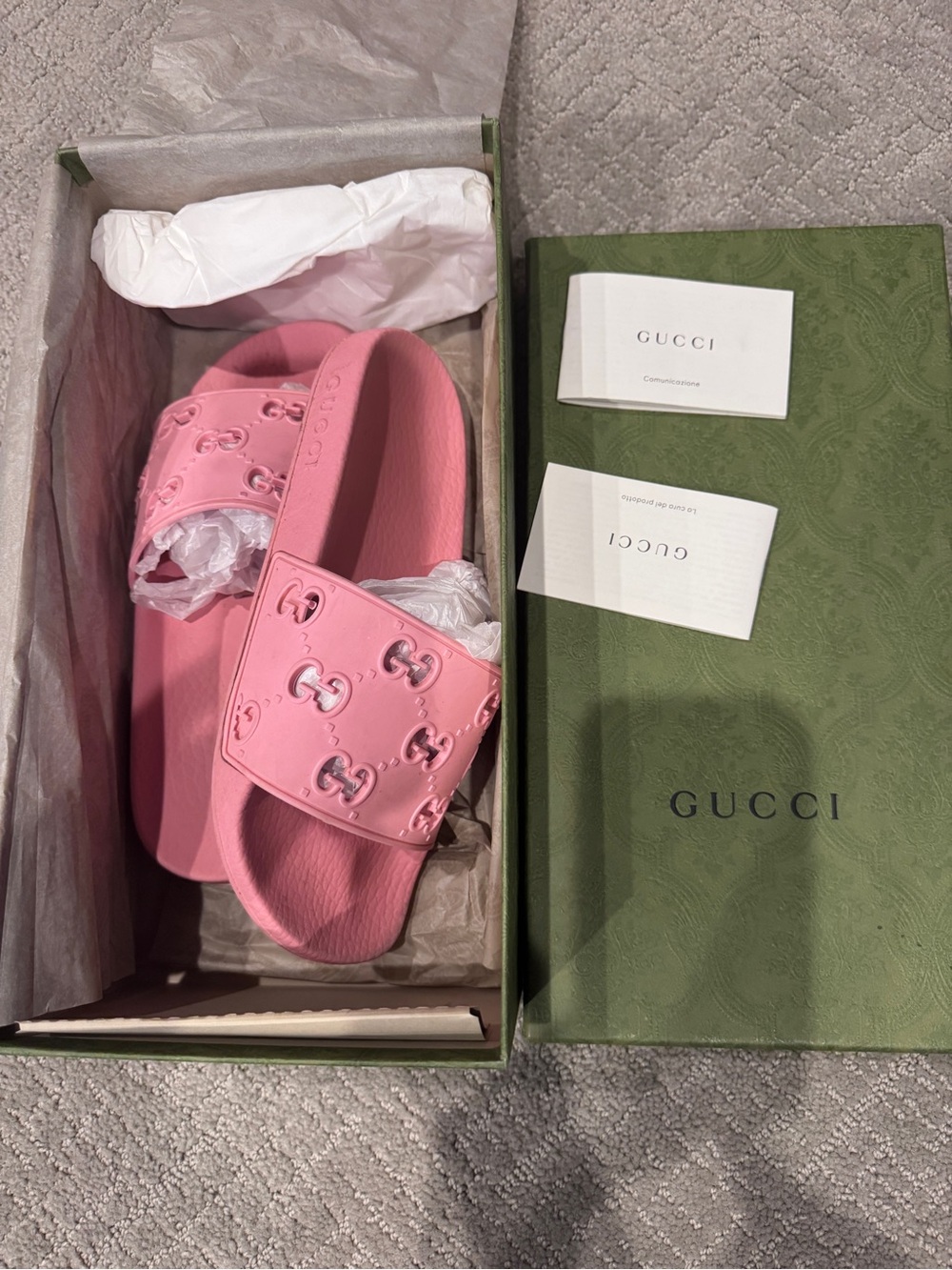 Gucci Pink Embossed GG Slide Sandals